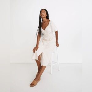 Madewell Puff-Sleeve Button-Wrap Midi Dress Stripes Cotyon Linen Blend 6